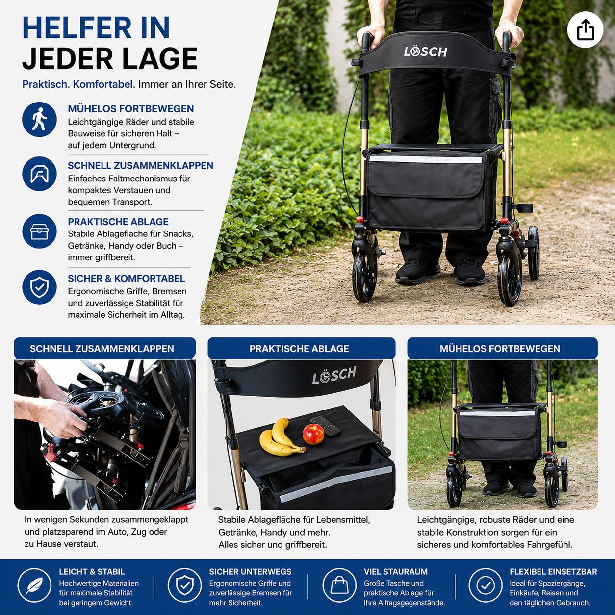 Rollator mit schwarzem Sitz und Tasche. Person benutzt ihn im Freien. Zusammenklappbar. Praktische Ablage. Sicher und komfortabel.