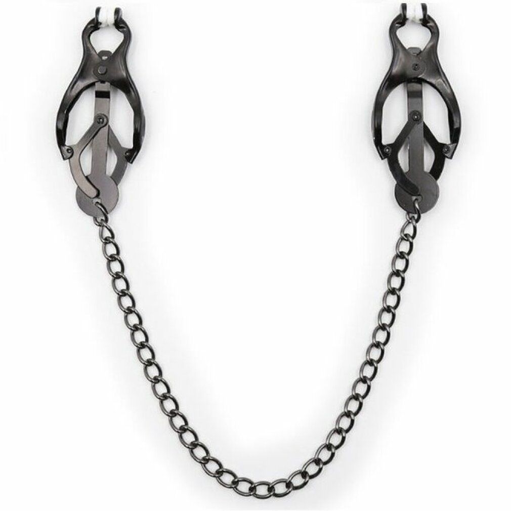 Zwei schwarze Brustwarzenklemmen mit Kette. Metallklammern mit Peace-Zeichen-Design. Verbunden durch eine Kette.