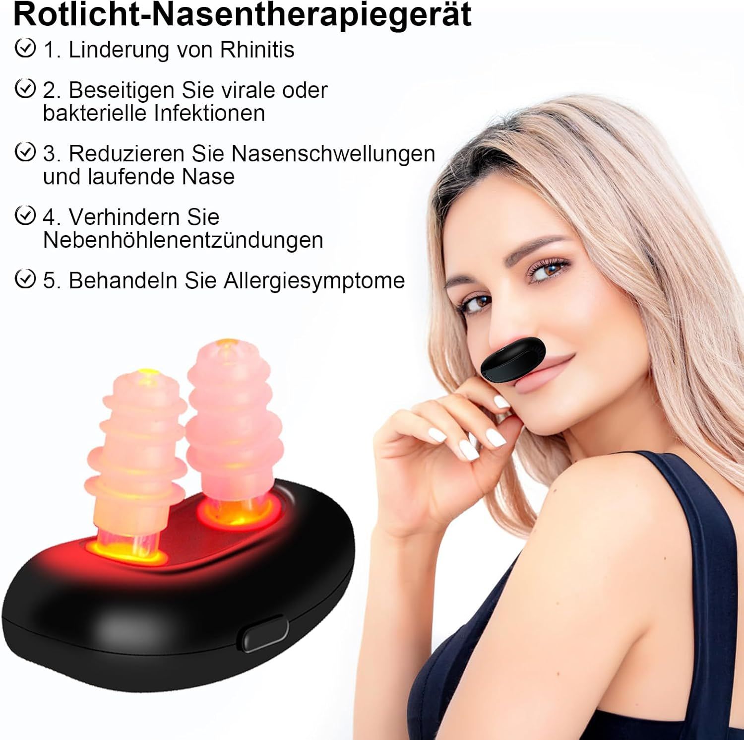 Frau mit schwarzem Nasengerät. Text: Rotlicht-Nasentherapiegerät. 5 Vorteile werden aufgelistet. Gerät in Nasenlöchern.