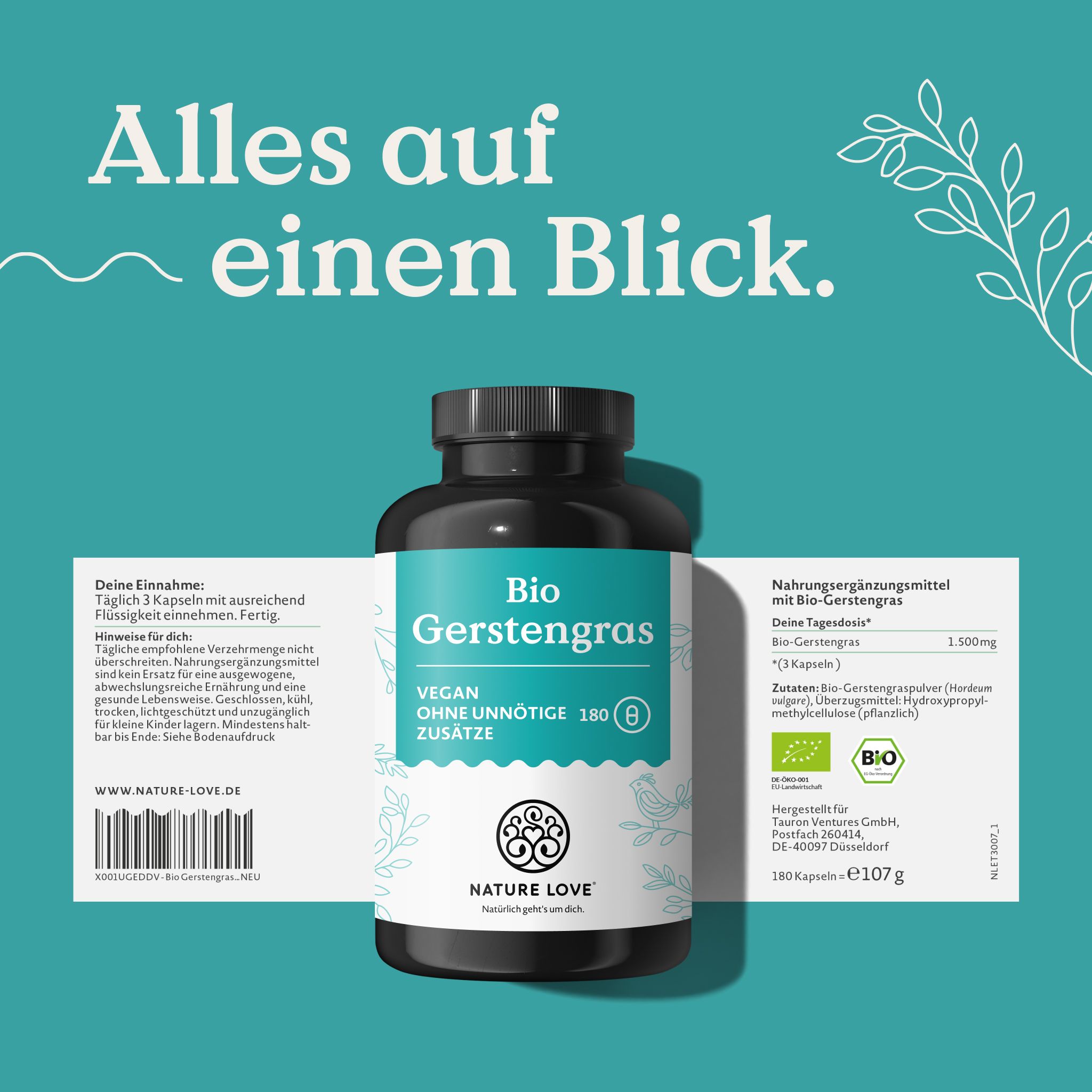NATURE LOVE® Bio Gerstengras Kapseln: Fläschchen mit Etikett. Nährwertangaben: 1.500mg pro Tagesdosis.