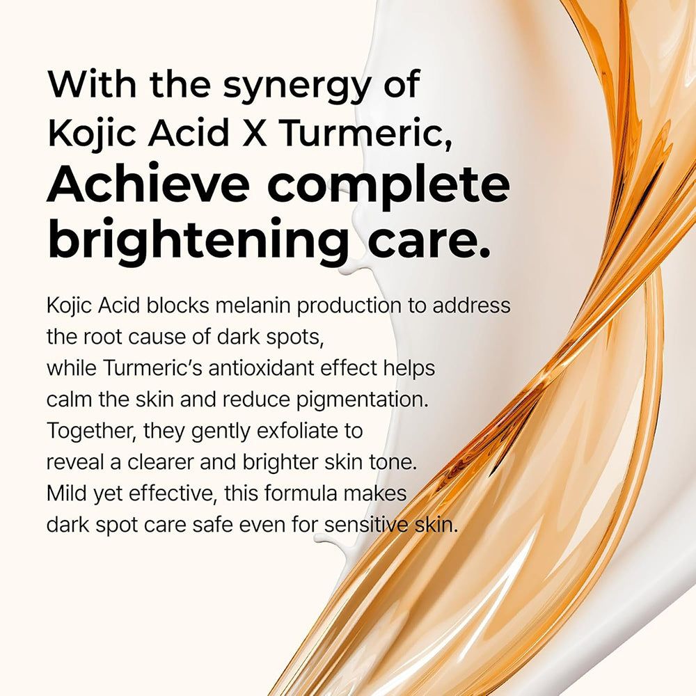 Flüssigkeitsspritzer und Text auf cremefarbenem Hintergrund. Text: With the synergy of Kojic Acid X Turmeric.