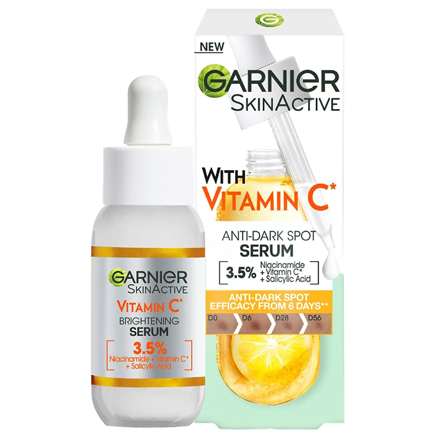 Garnier SkinActive Vitamin C Serum mit Pipette und Verpackung. Enthält 3,5% Niacinamid + Vitamin C + Salicylsäure. Aufhellendes Serum.