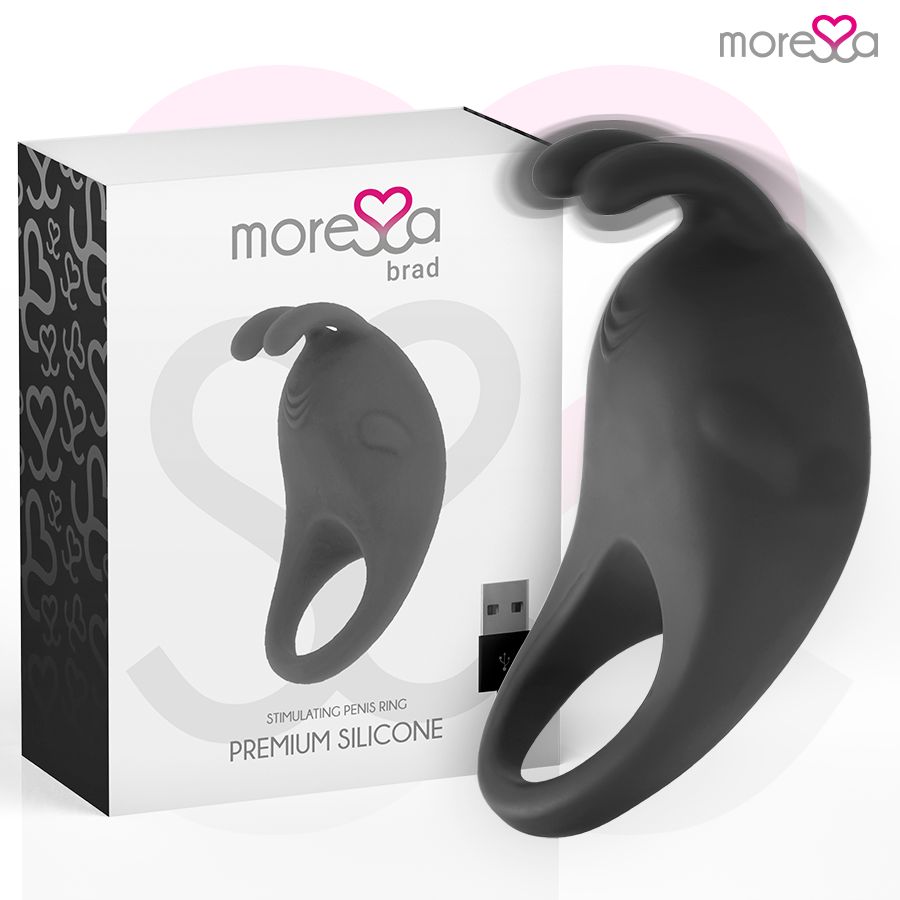 Produktverpackung: Ring und Box. Text: STIMULATING PENIS RING. PREMIUM SILICONE. Marke Moressa.