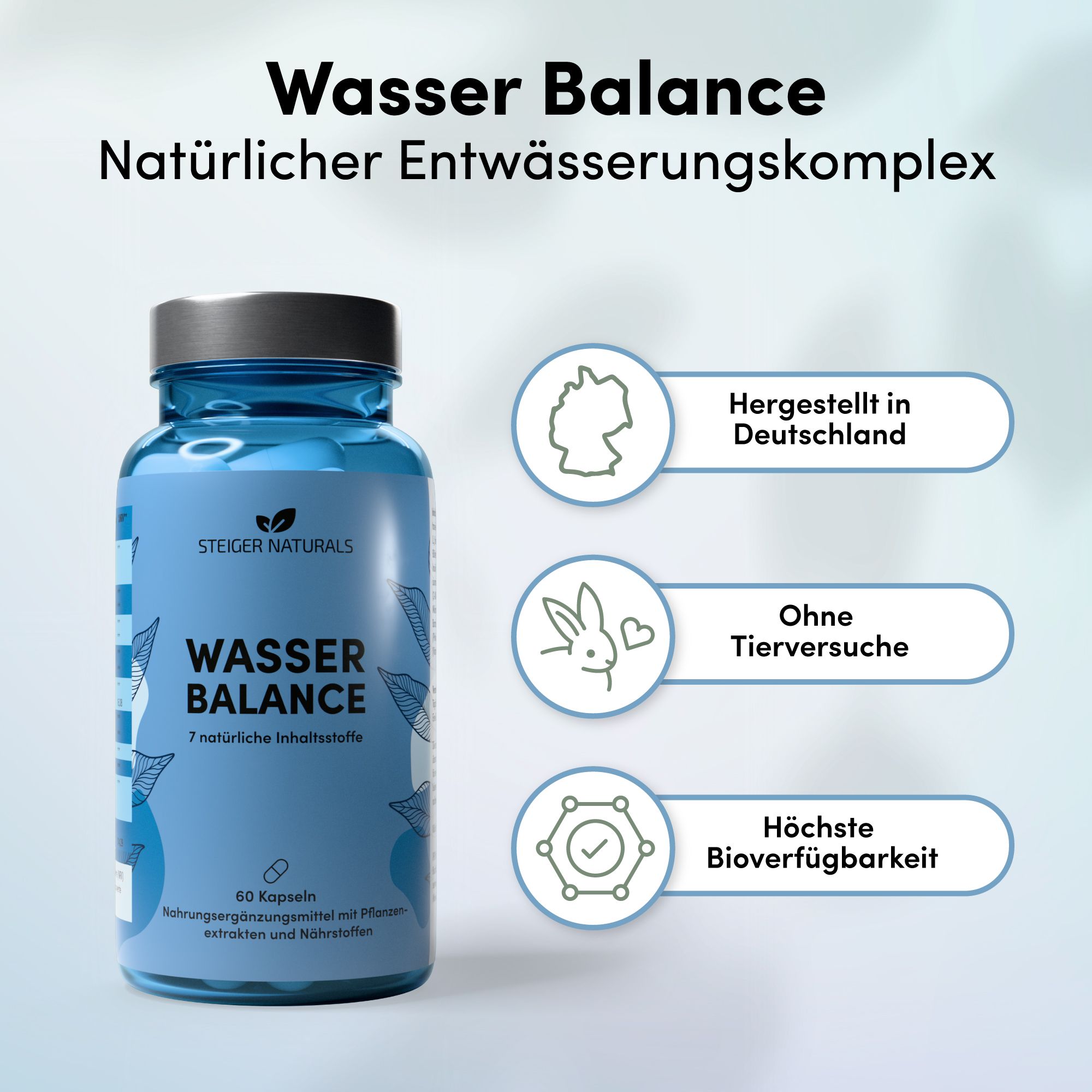 Blaue Flasche mit Kapseln, umgeben von Icons. Aufschrift: Wasser Balance, 7 pflanzliche Extrakte. 60 Kapseln. Hergestellt in Deutschland.