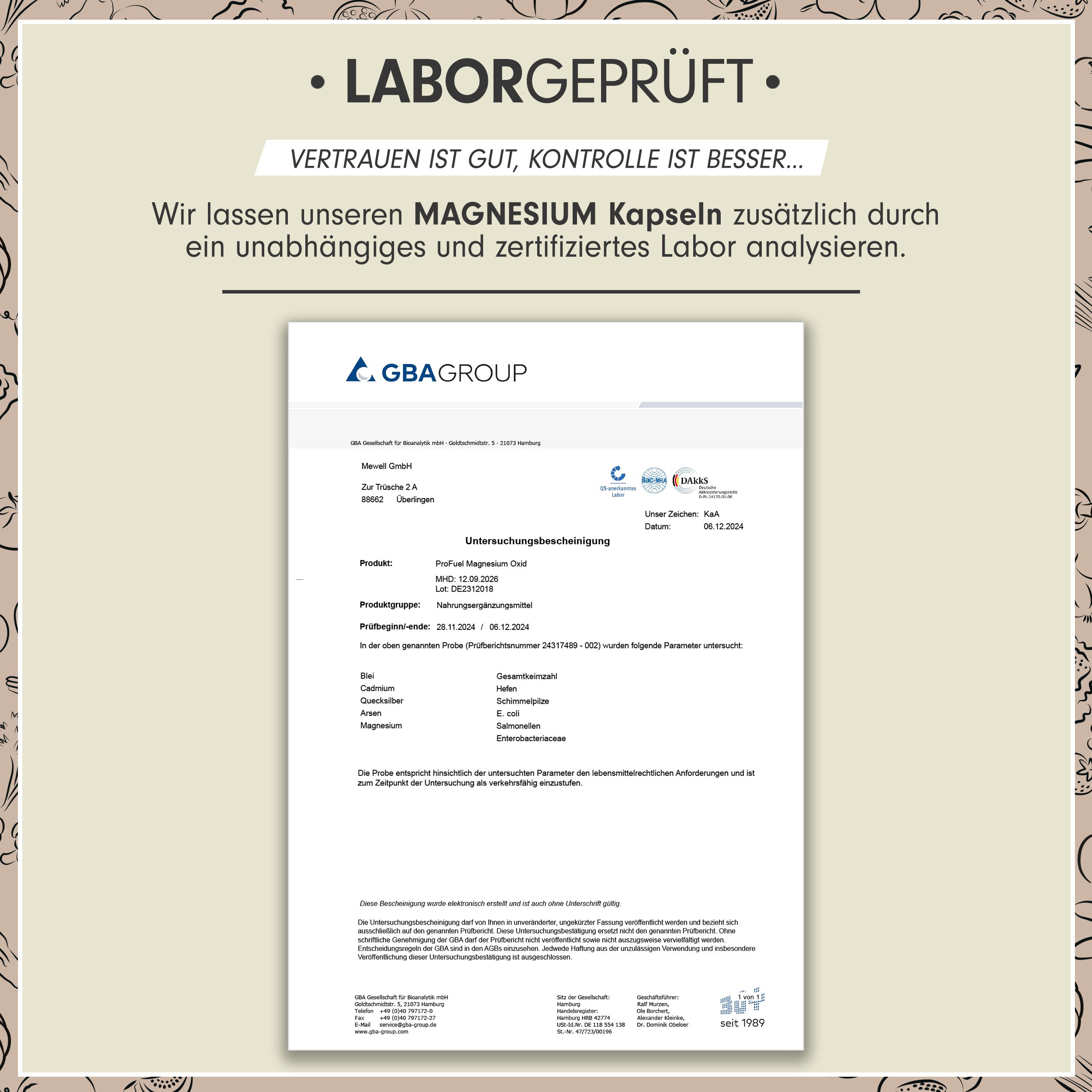 Laborbericht. Text: Magnesium Kapseln, GBA Group, Analyseergebnisse. Bestätigung der Qualität und Reinheit des Produkts.