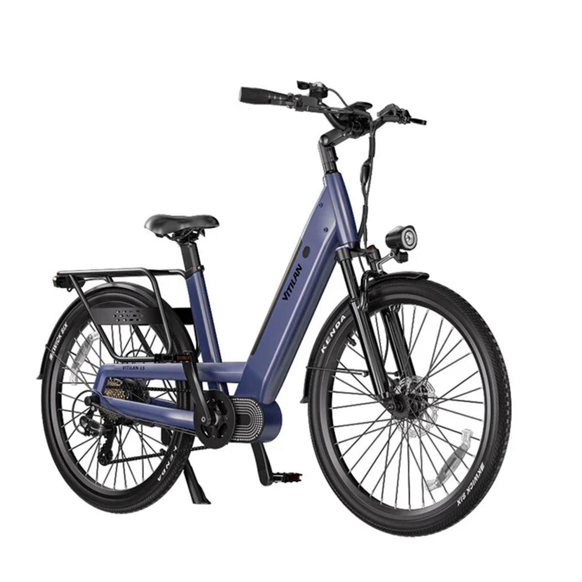 Blaues Elektrofahrrad Vitilan L5 mit Scheinwerfer und Kenda-Reifen. Gepäckträger und Marke sichtbar.
