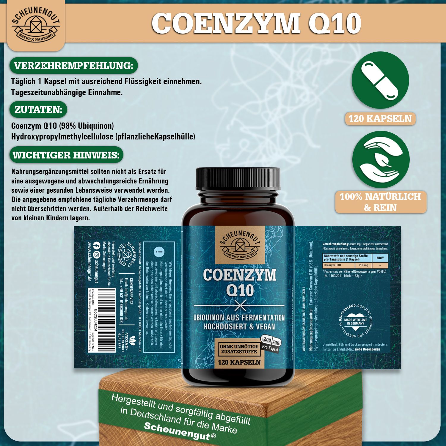 Scheunengut® Coenzym Q10 | pflanzlicher Rohstoff aus Fermentation | 200mg pro Kapsel