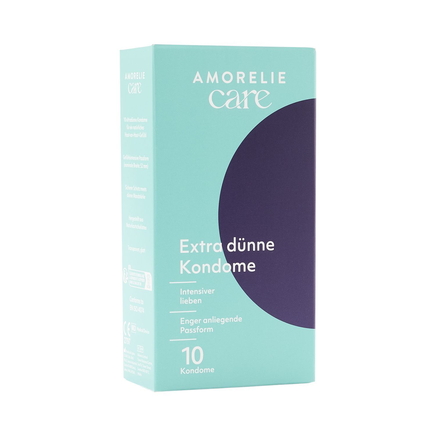 Packung mit Kondomen. Aufschrift: AMORELIE Care, Extra dünne Kondome, 10 Kondome.