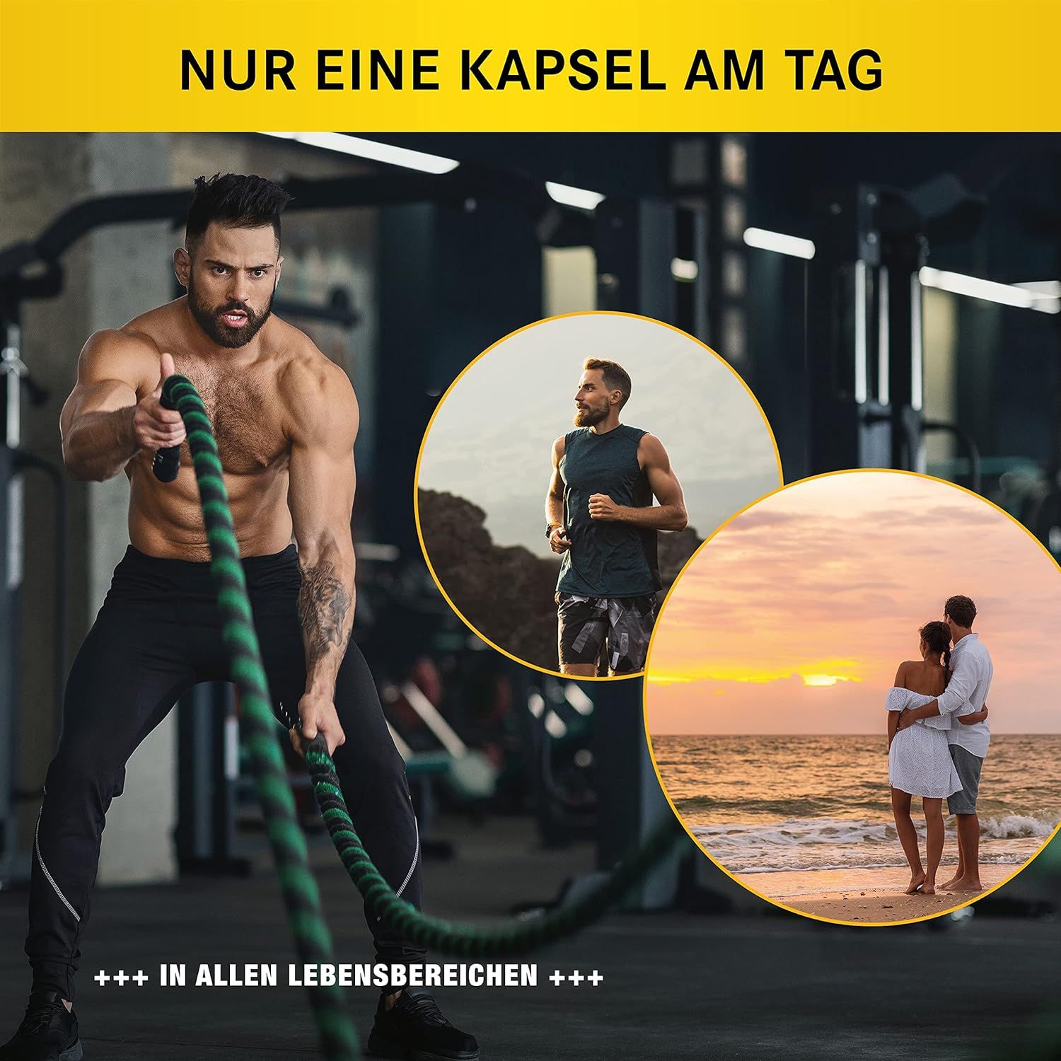 Mann trainiert mit Seil. Kleine Bilder: Jogger, Paar am Strand. Text: Nur eine Kapsel am Tag.