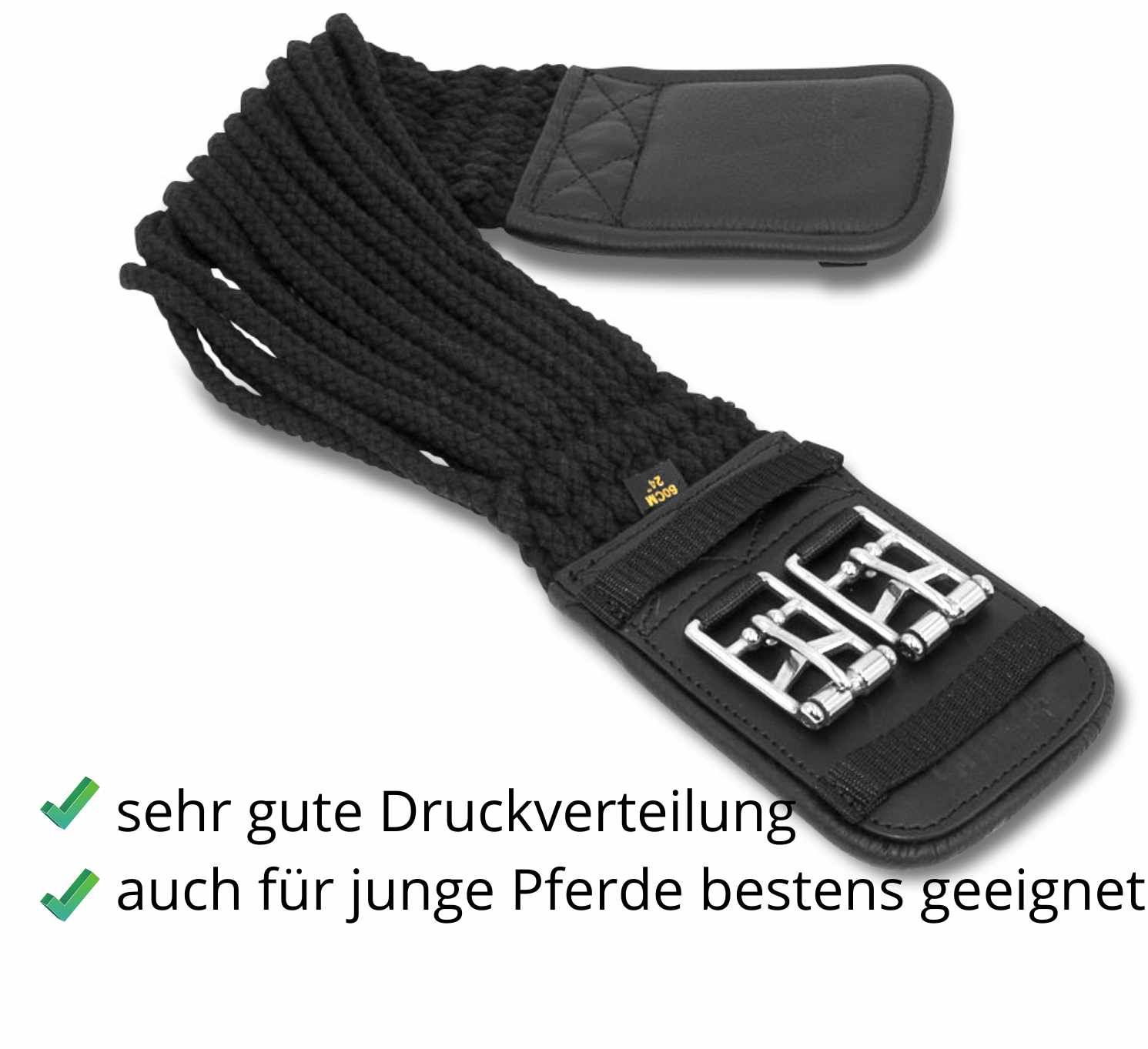Schwarzer Dressurgurt. Seilmaterial. 60cm. Gute Druckverteilung. Auch für junge Pferde geeignet.