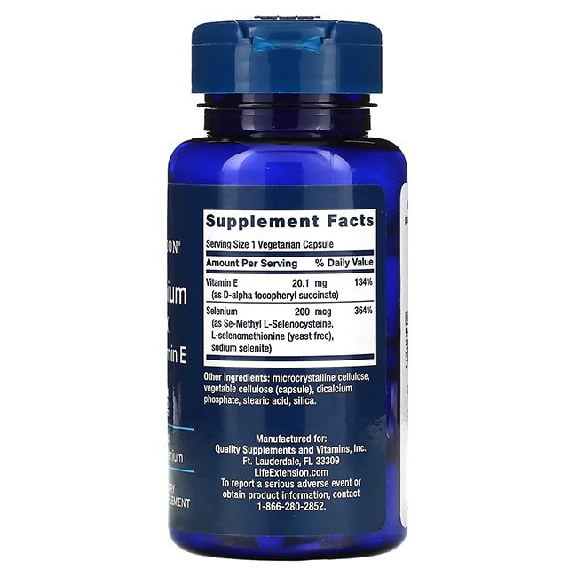 Blaue Flasche mit weißen Kapseln. Aufschrift: Super Selen-Komplex, Vitamin E. Enthält 100 Kapseln. Glutenfrei, täglich, nicht gentechnisch verändert.