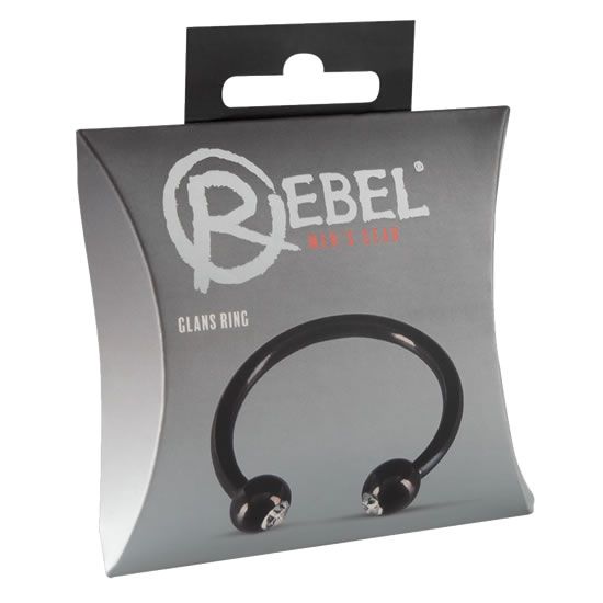 Schwarzer Glans Ring in Verpackung. Ringförmig mit zwei Kugeln, die mit Schmucksteinen besetzt sind. Verpackung mit Produktnamen.