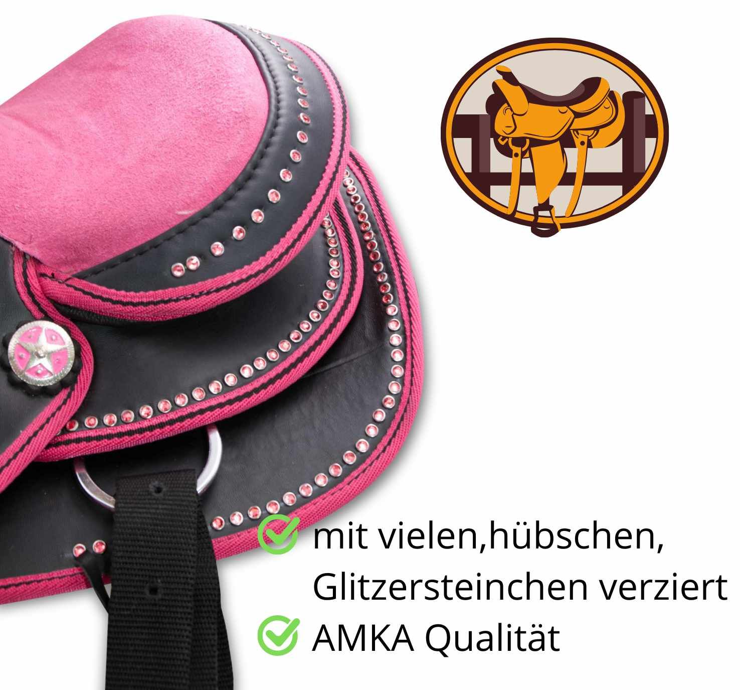 Pinkfarbener und schwarzer Westernsattel für Pony/Shetty. Mit Strasssteinen verziert. Text: mit vielen, hübschen Glitzersteinchen verziert, AMKA Qualität.