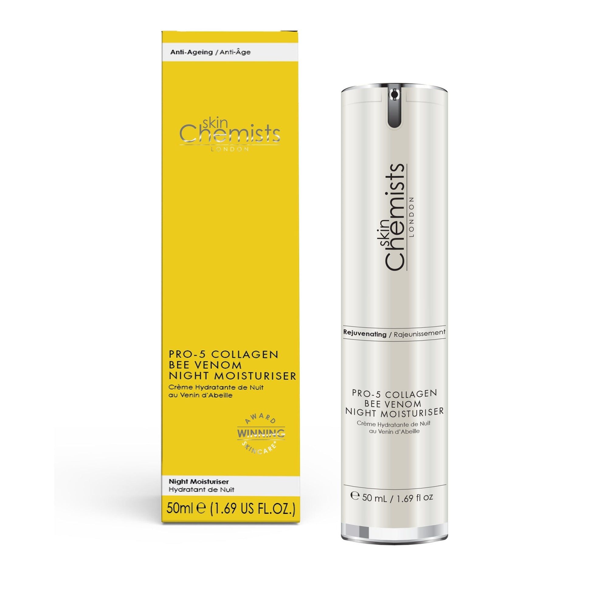 Creme-Flasche und Verpackung. Aufschrift: Skin Chemists London, Pro-5 Collagen Bee Venom Night Moisturiser. 50 ml. Gelbe Verpackung.