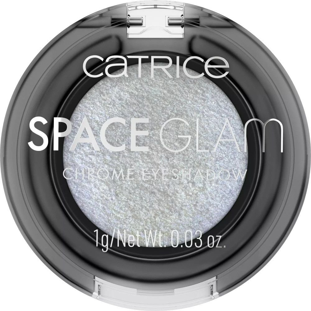 Runder Lidschatten-Tiegel mit silbernem Lidschatten. Marke: Catrice, Produktname: Space Glam Chrome Eyeshadow. 1g/Net Wt. 0.03 oz.