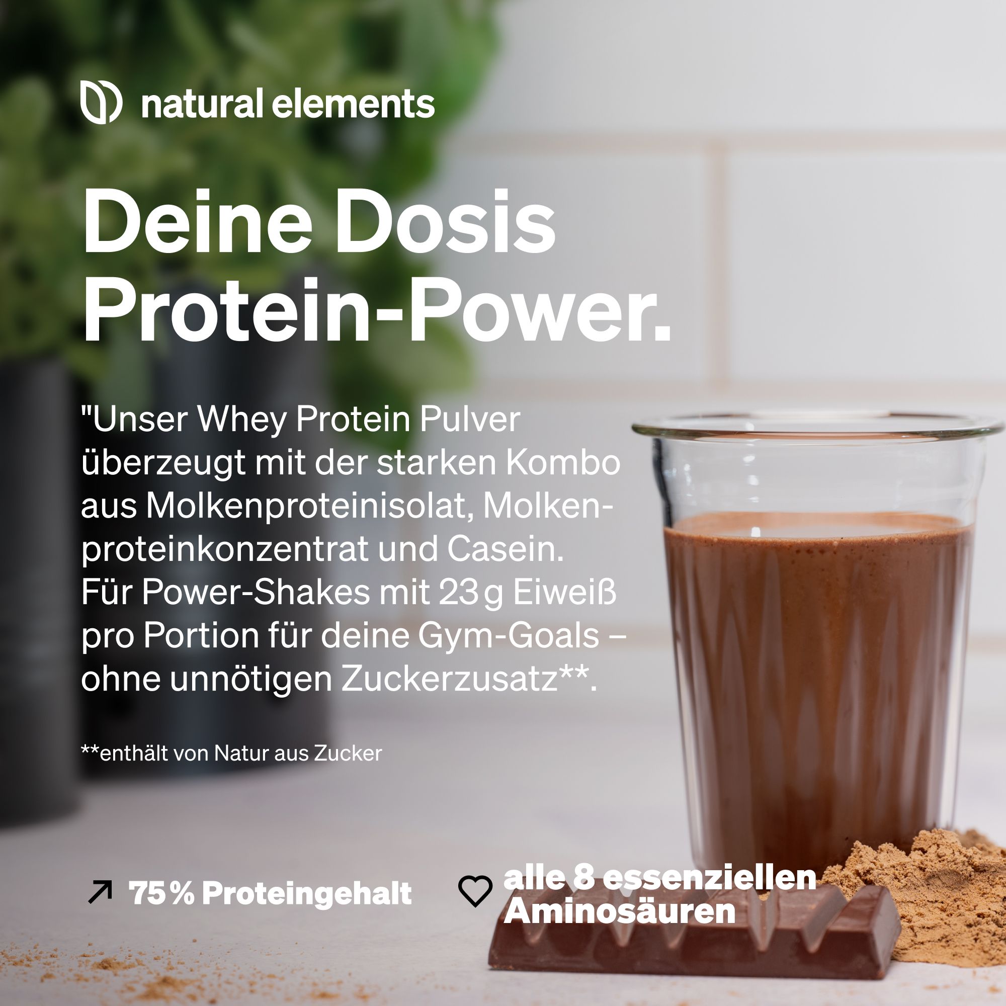 Glas mit Schoko-Protein-Shake, daneben Schokoriegel und Pulver. Text: 75% Proteingehalt, alle 8 essentiellen Aminosäuren. Marke natural elements.