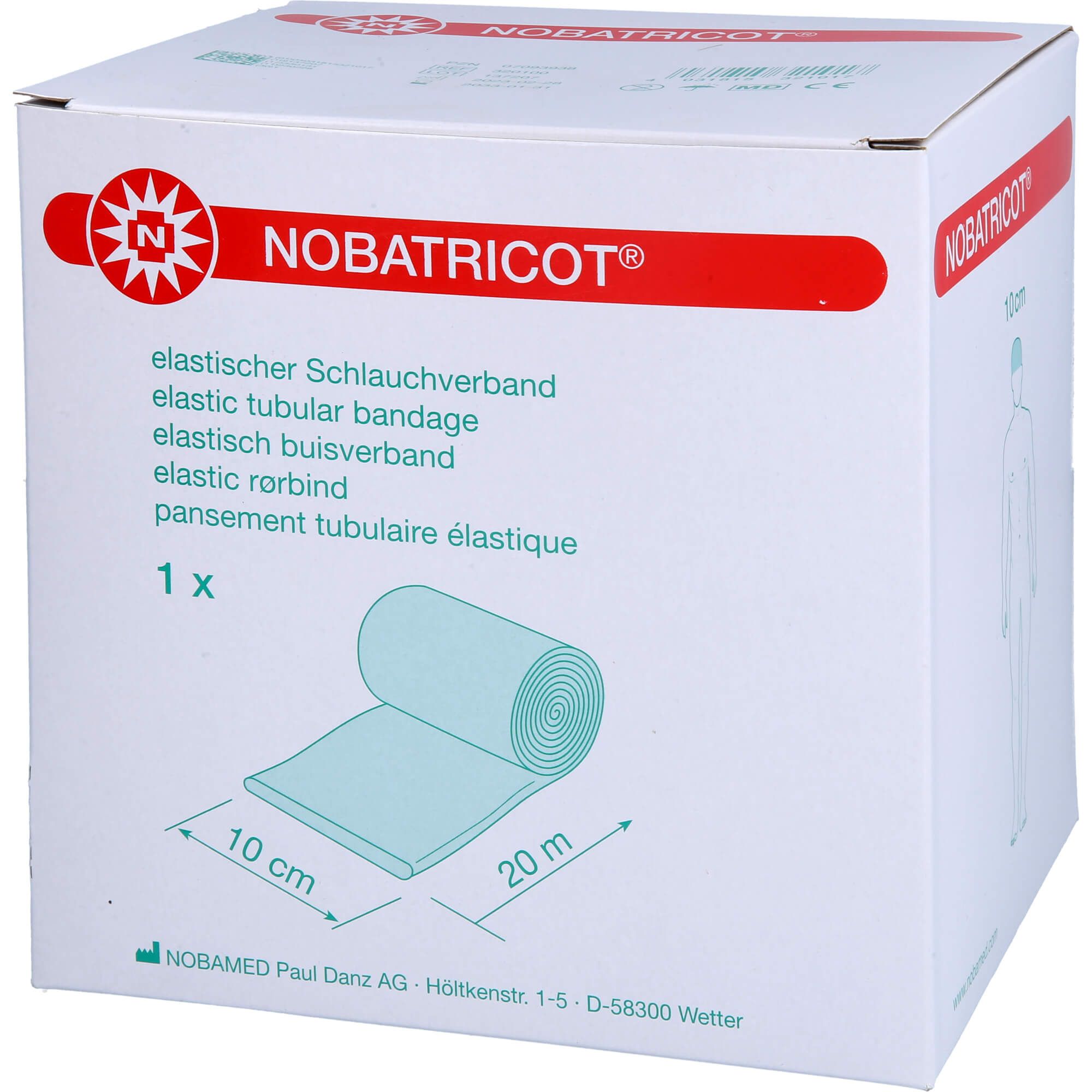 Verpackung mit elastischem Trikotschlauch. Aufdruck: NOBATRICOT, 10 cm x 20 m. Rolle des Schlauchs und Verpackung mit Produktinformationen.