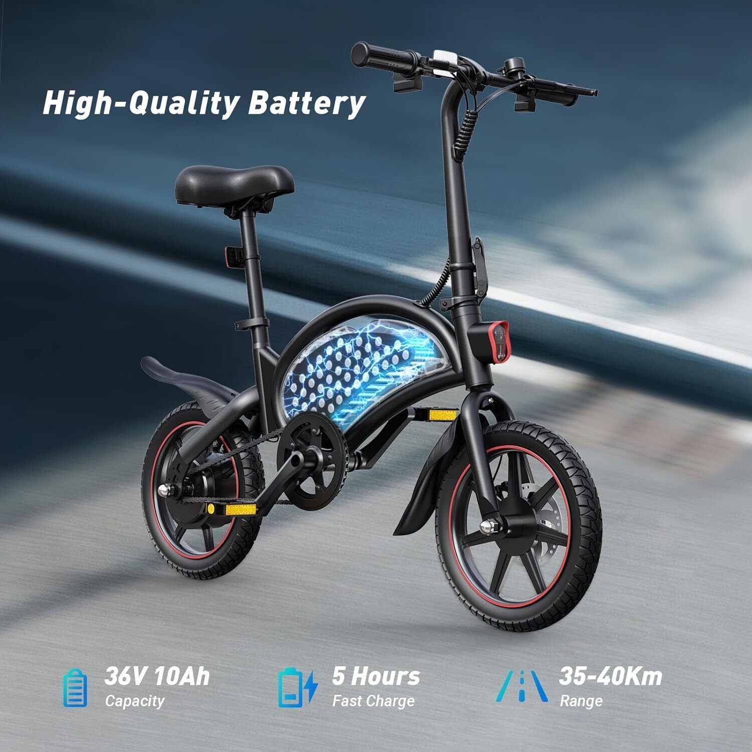 Schwarzes E-Bike mit roten Felgen. DYU-Logo. 36V 10Ah Batterie. 5 Stunden Ladezeit. 35-40km Reichweite.