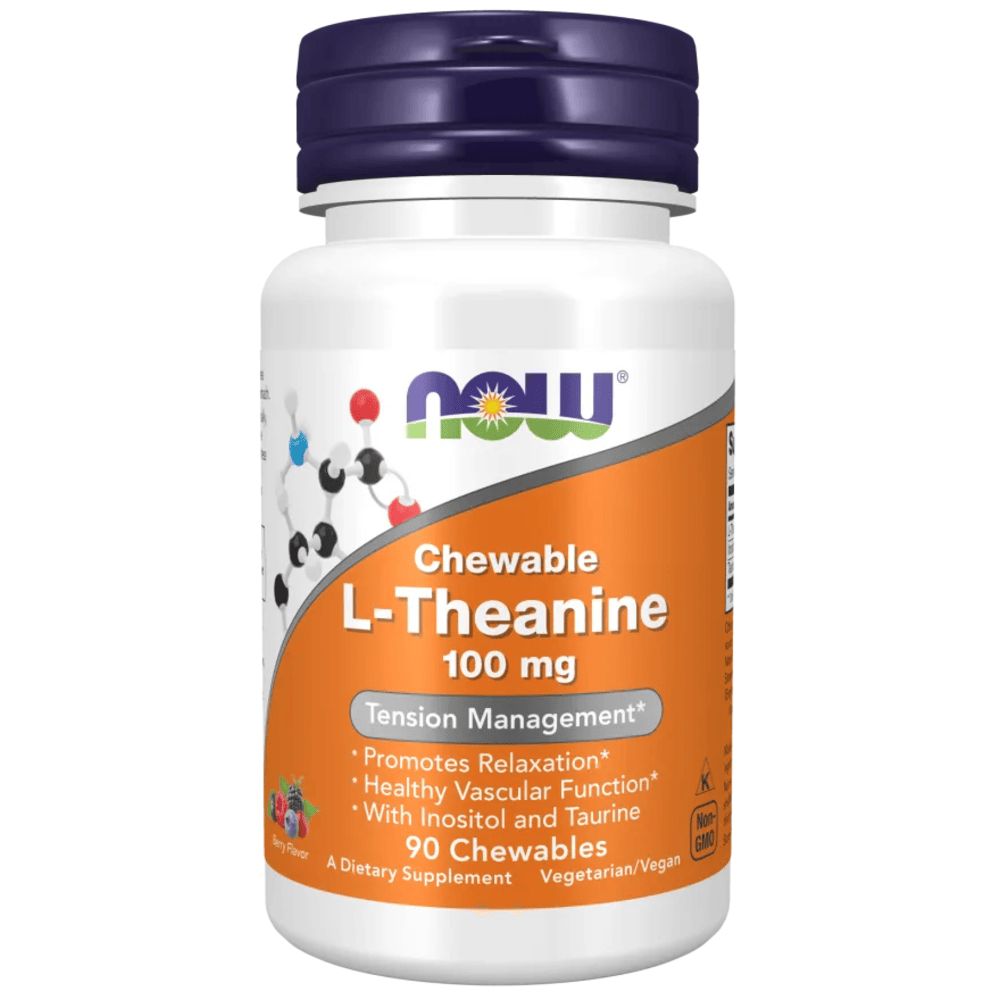 Weiße Flasche mit blauem Deckel. Aufschrift: Chewable L-Theanine 100 mg. Enthält 90 Tabletten. Nahrungsergänzungsmittel.