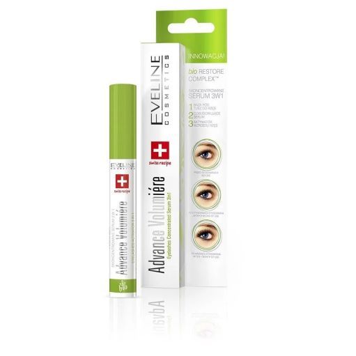 Grüne und weiße Tube und Verpackung. Aufschrift: Advance Volumière, Eveline Cosmetics, Swiss Recipe. Schweizer Kreuz.