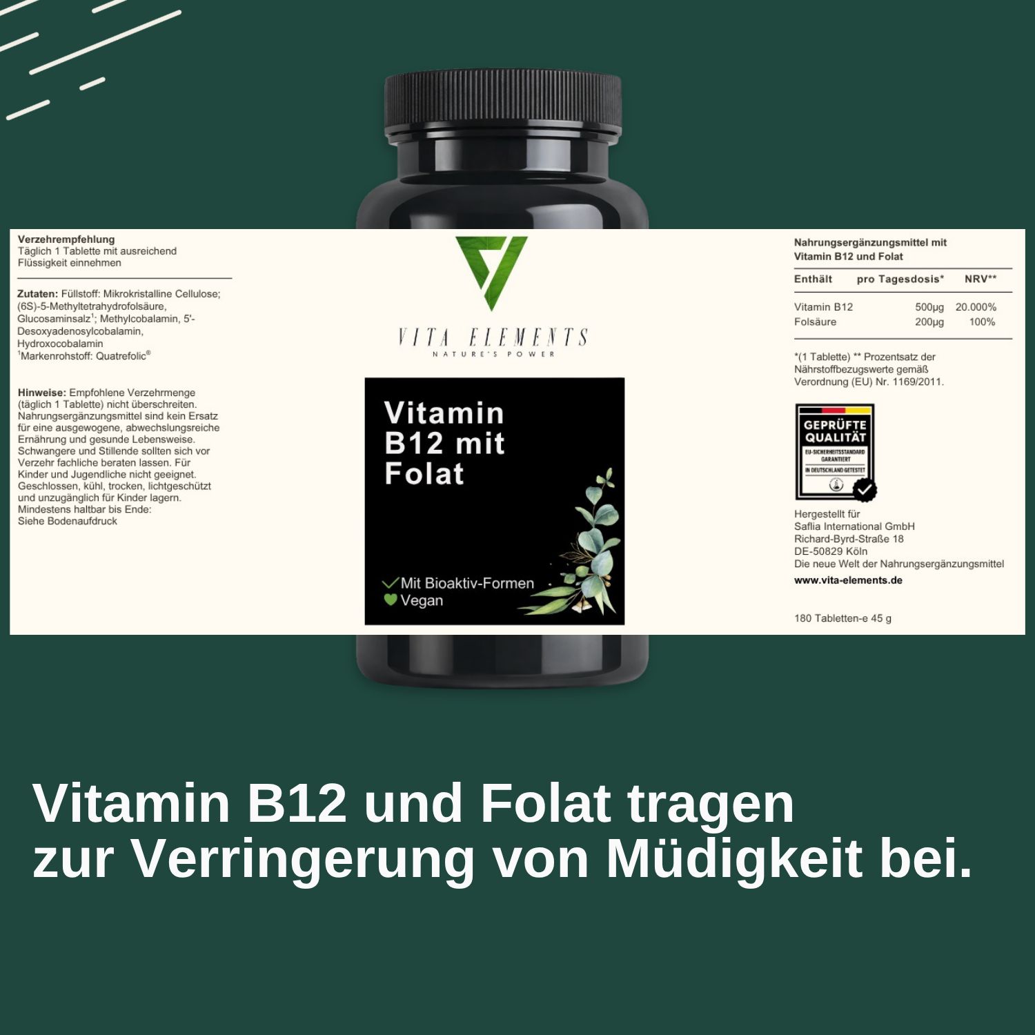 Rückseite der Vita Elements Vitamin B12 Dose mit Nährwertangaben und Siegel.