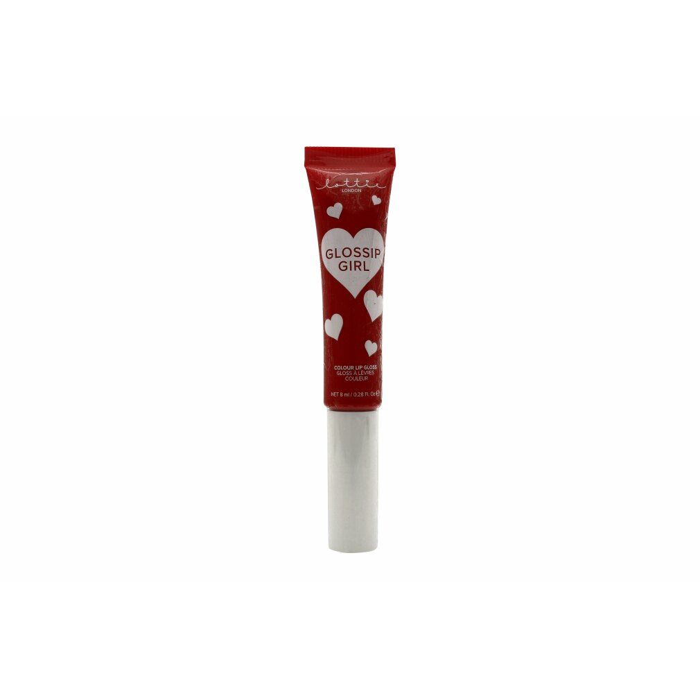 Rote Lipgloss-Tube mit weißem Aufdruck. Enthält das Wort "GOSSIP GIRL" in einem Herz. Marke Lottie London.