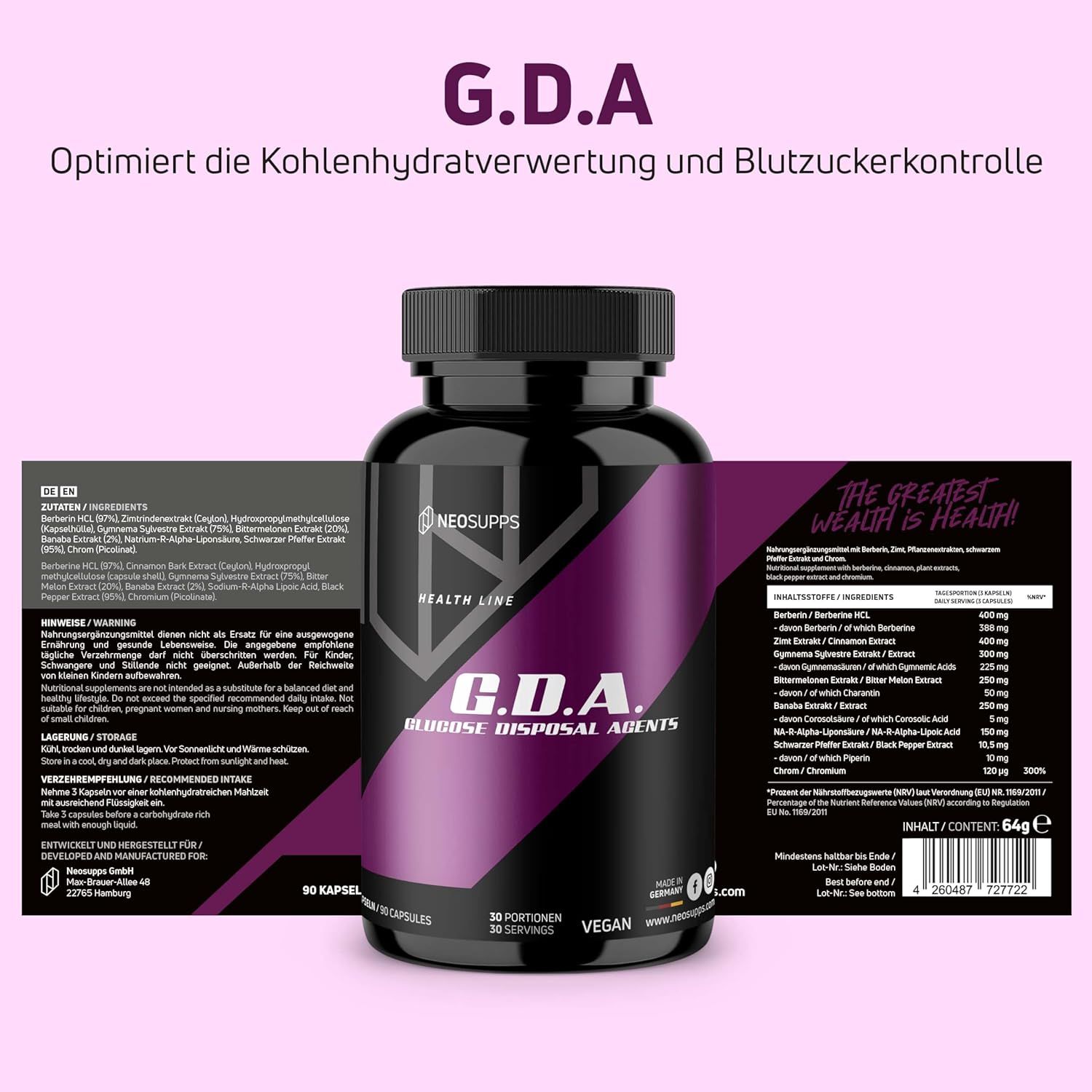 Schwarze Flasche mit lila Etikett. Text: G.D.A. Glucose Disposal Agents. 90 Kapseln. 30 Portionen. Vegan. Von Neosupps.