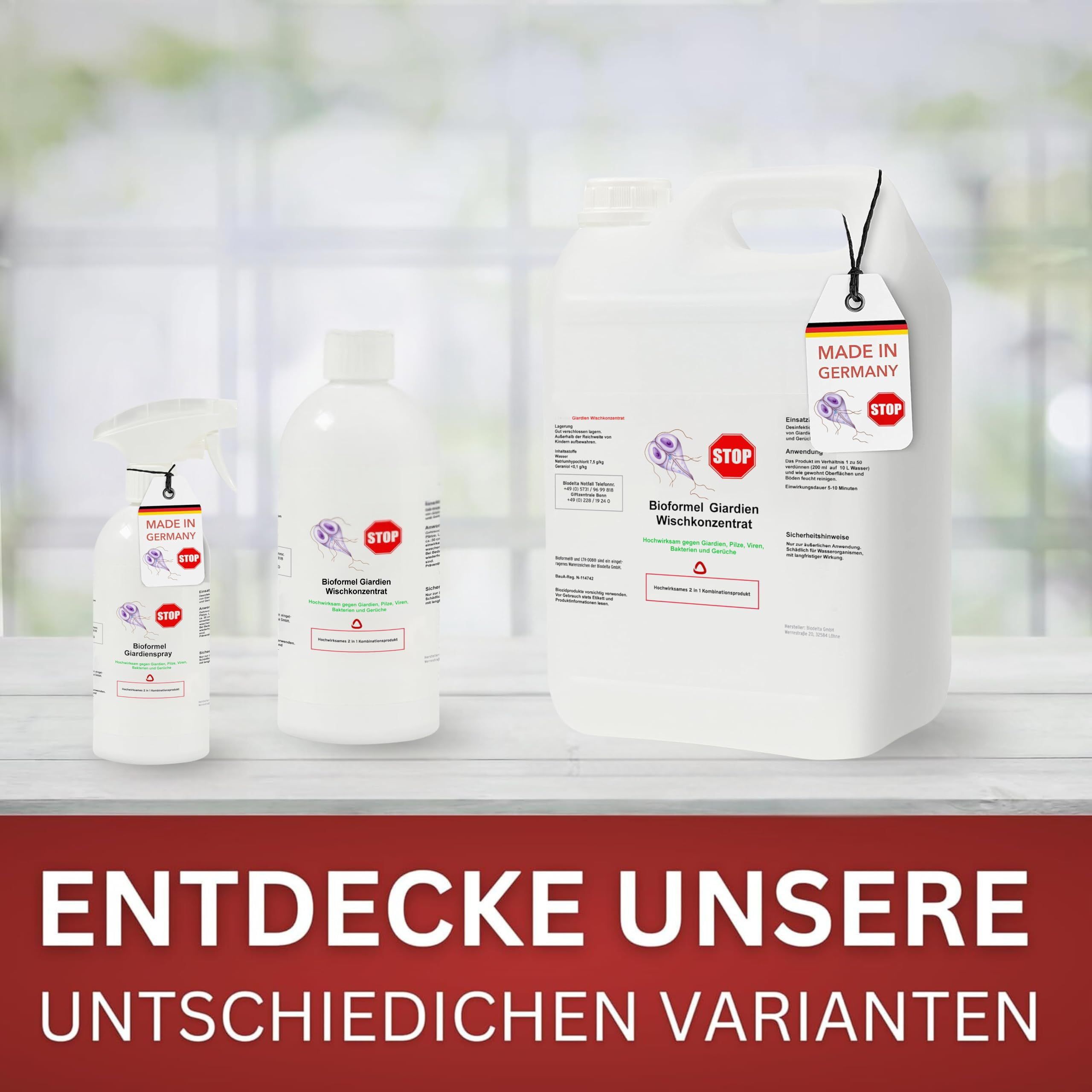 Drei weiße Flaschen mit Etiketten. Text: Entdecke unsere unterschiedlichen Varianten. Made in Germany.