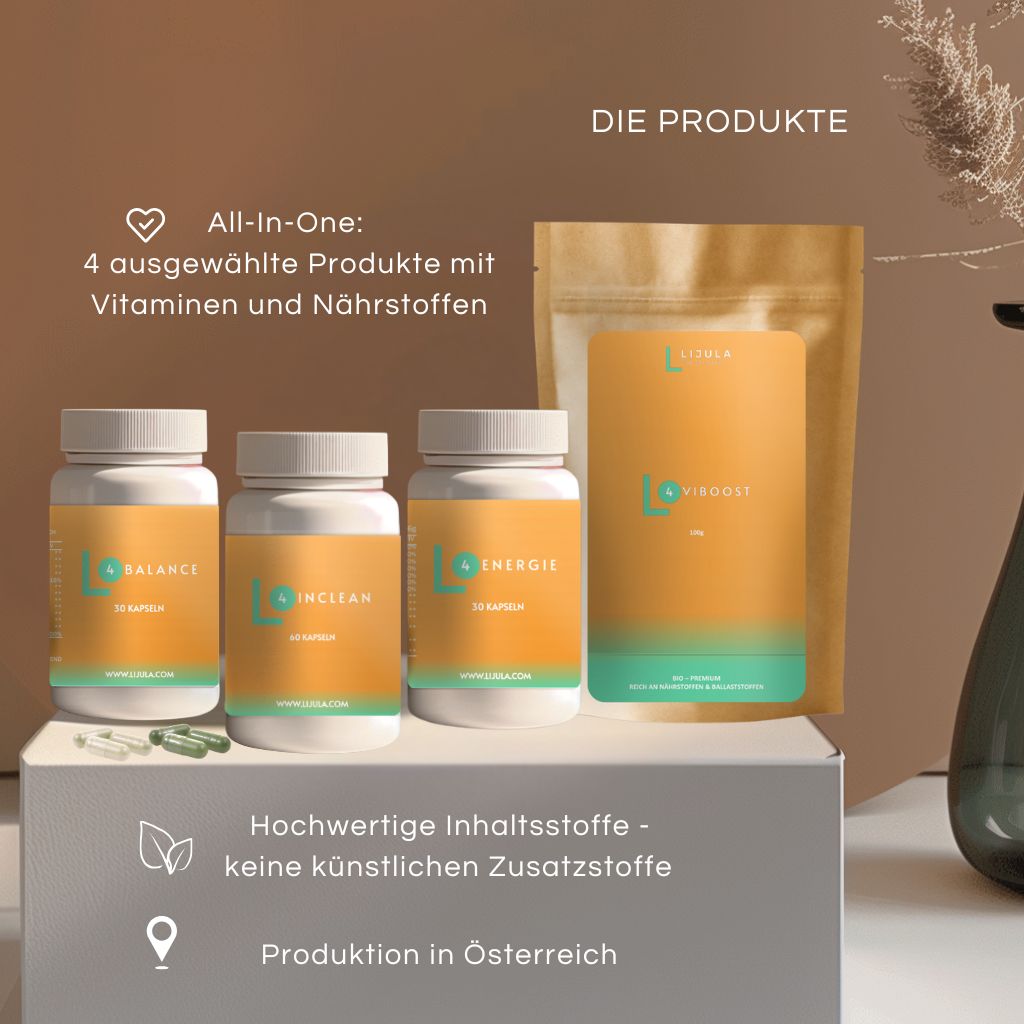 Drei Flaschen und eine Tüte mit Vitaminen und Nährstoffen. Auf den Flaschen ist das Logo von LIJULA zu sehen.