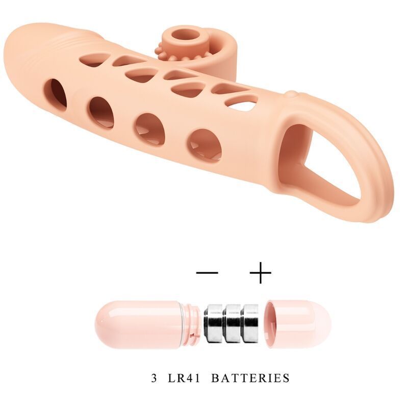 Beigefarbene Penishülle mit Vibrationsfunktion. Mit herzförmigen Aussparungen und einem Ring. Batterien sind enthalten.