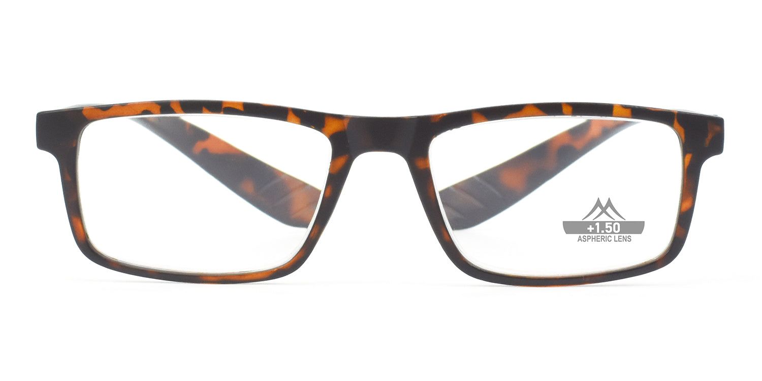 Rechteckige Brille mit braunem Schildpattmuster. Auf dem rechten Glas ist das Logo und die Stärke 1.50 abgebildet.