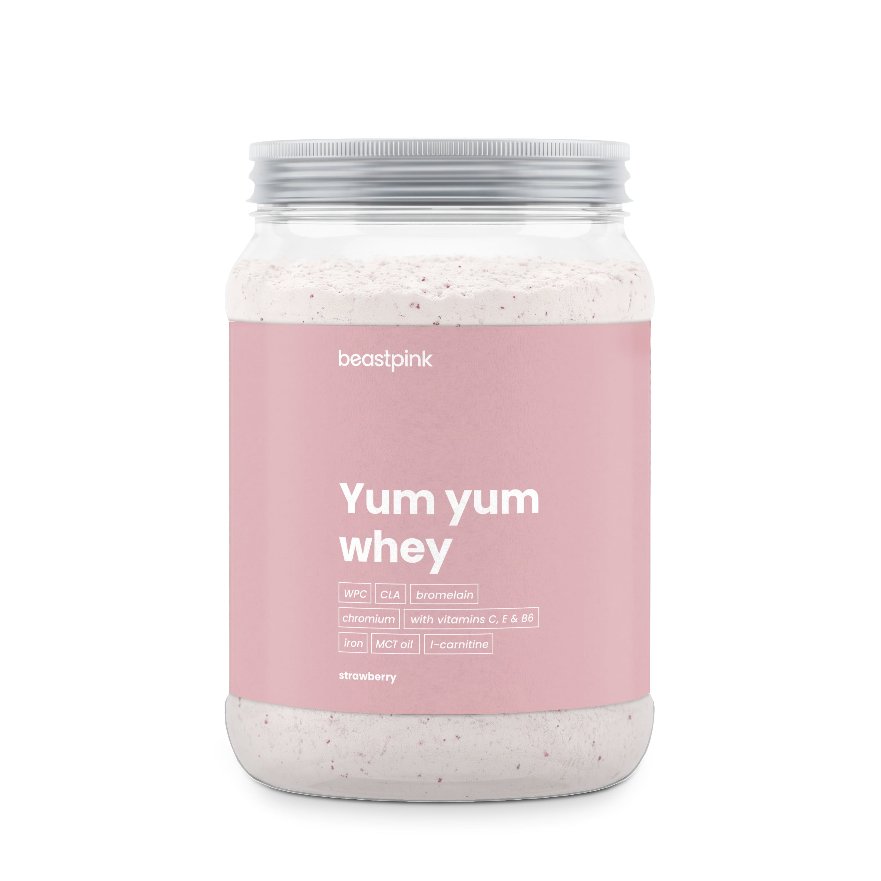 Behälter mit Yum Yum Whey Molkenproteinkonzentrat Pulver in Erdbeergeschmack.