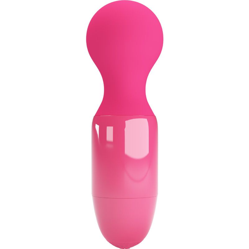 Pinker Mini-Massagestab, Seitenansicht mit geriffeltem Knopf.