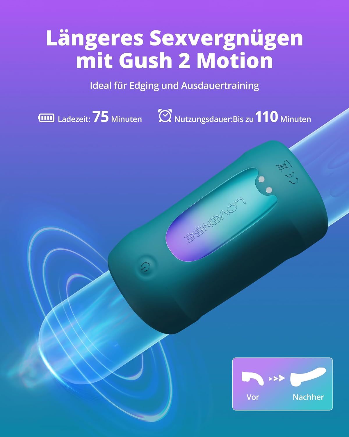 Grüner Penis-Massager mit App-Steuerung und Ladezeit von 75 Minuten.