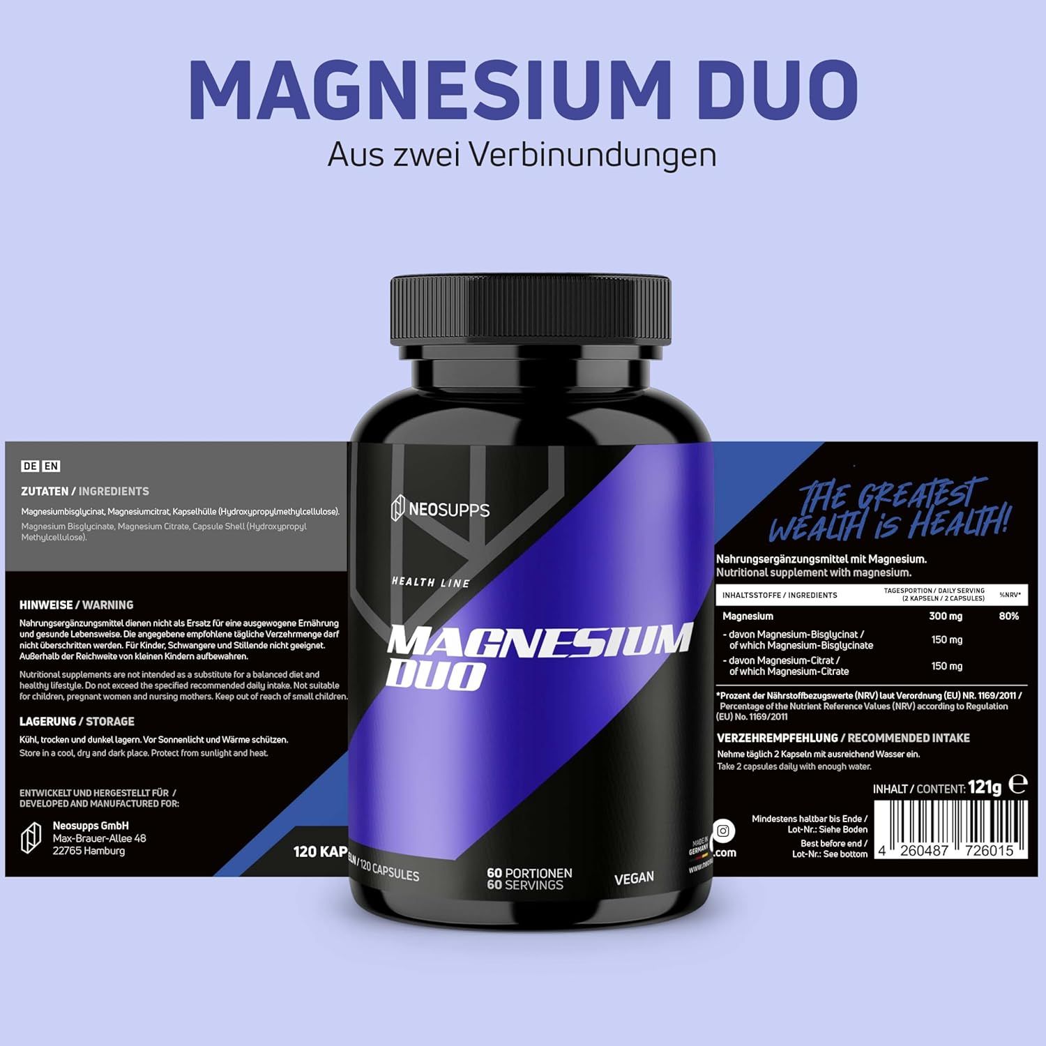 Eine Flasche Neosupps Magnesium Duo mit Etiketten. Auf dem Etikett steht Magnesium Duo, 120 Kapseln, 60 Portionen, Vegan.