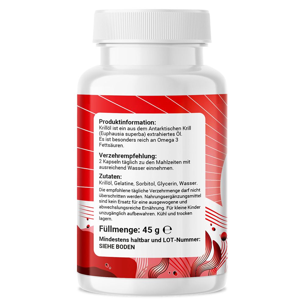 Weiße Flasche mit rotem Etikett. Text: Produktinformationen, Verzehrempfehlung, Zutaten, Füllmenge 45 g. Mindestens haltbar bis...