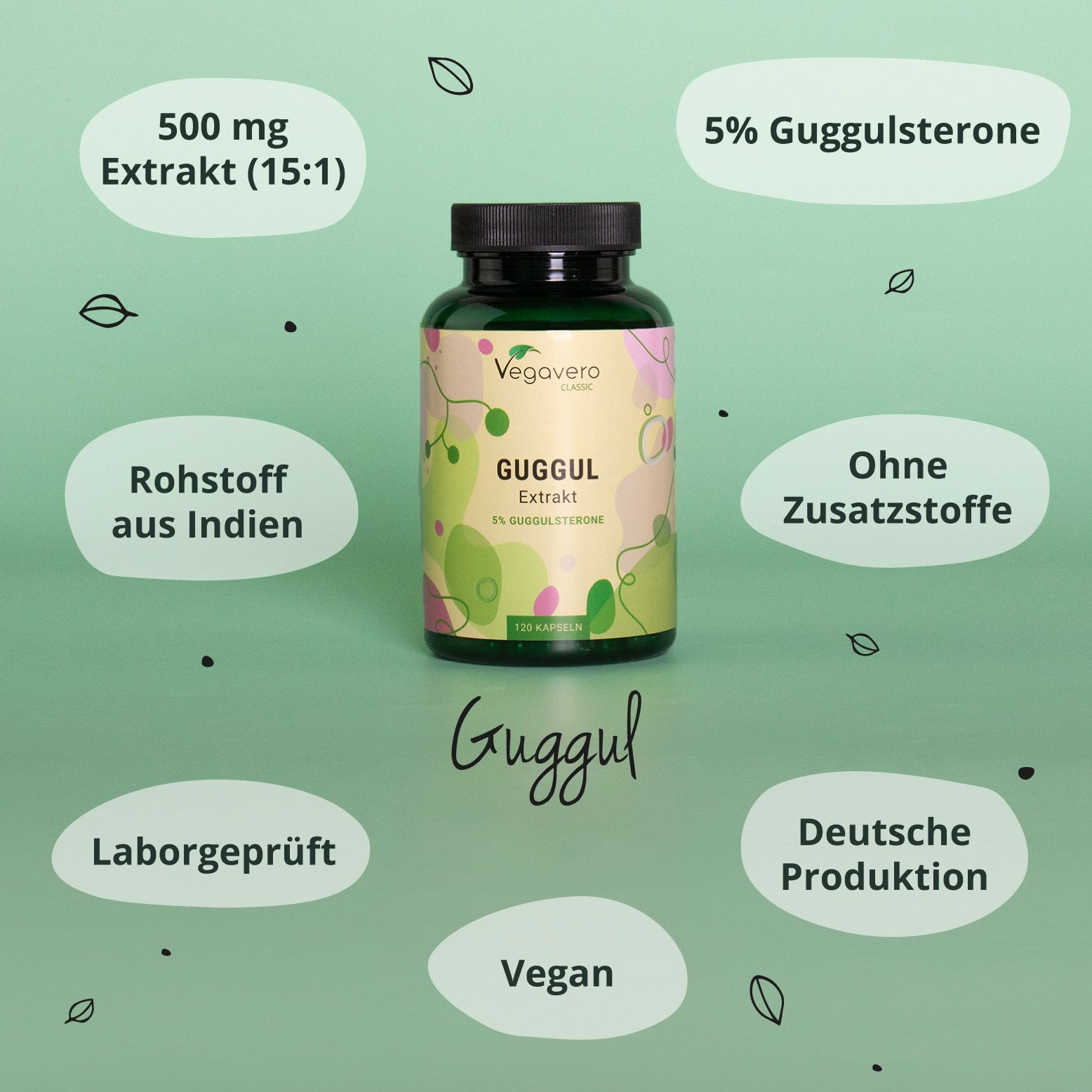 VEGAVERO Guggul-Flasche mit Text. Text: 500 mg Extrakt, Rohstoff aus Indien, ohne Zusatzstoffe, deutsche Produktion, vegan.