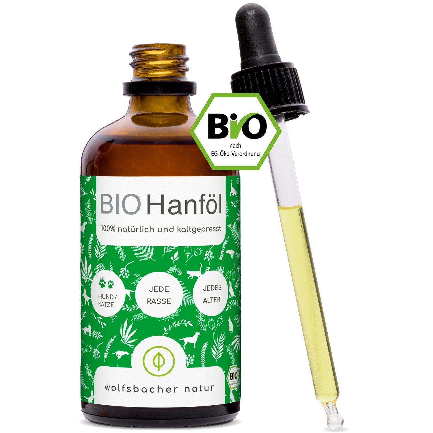 Braune Glasflasche mit Pipette. Etikett mit Text: BIO Hanföl, Bio-Siegel. Tropfen Öl sichtbar.