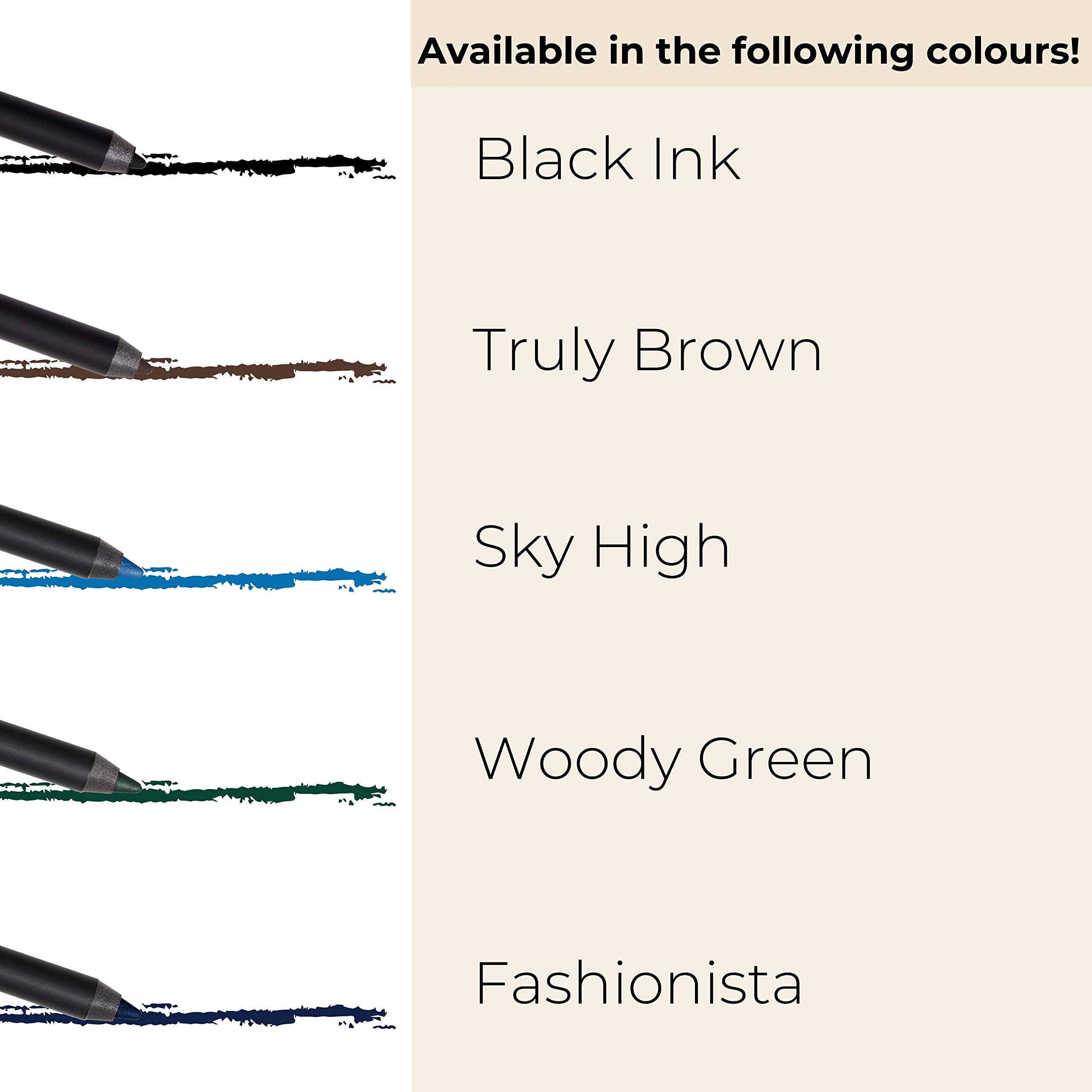 Farben des Gosh Velvet Touch Eyeliner: Schwarz, Braun, Blau, Grün, Dunkelblau. Text: Verfügbar in folgenden Farben!