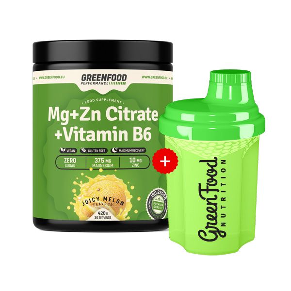 Nahrungsergänzungsmittel-Dose und Shaker. Dose mit Mg+Zn Citrat + Vitamin B6, Juicy Melon Geschmack. Shaker grün mit Logo.