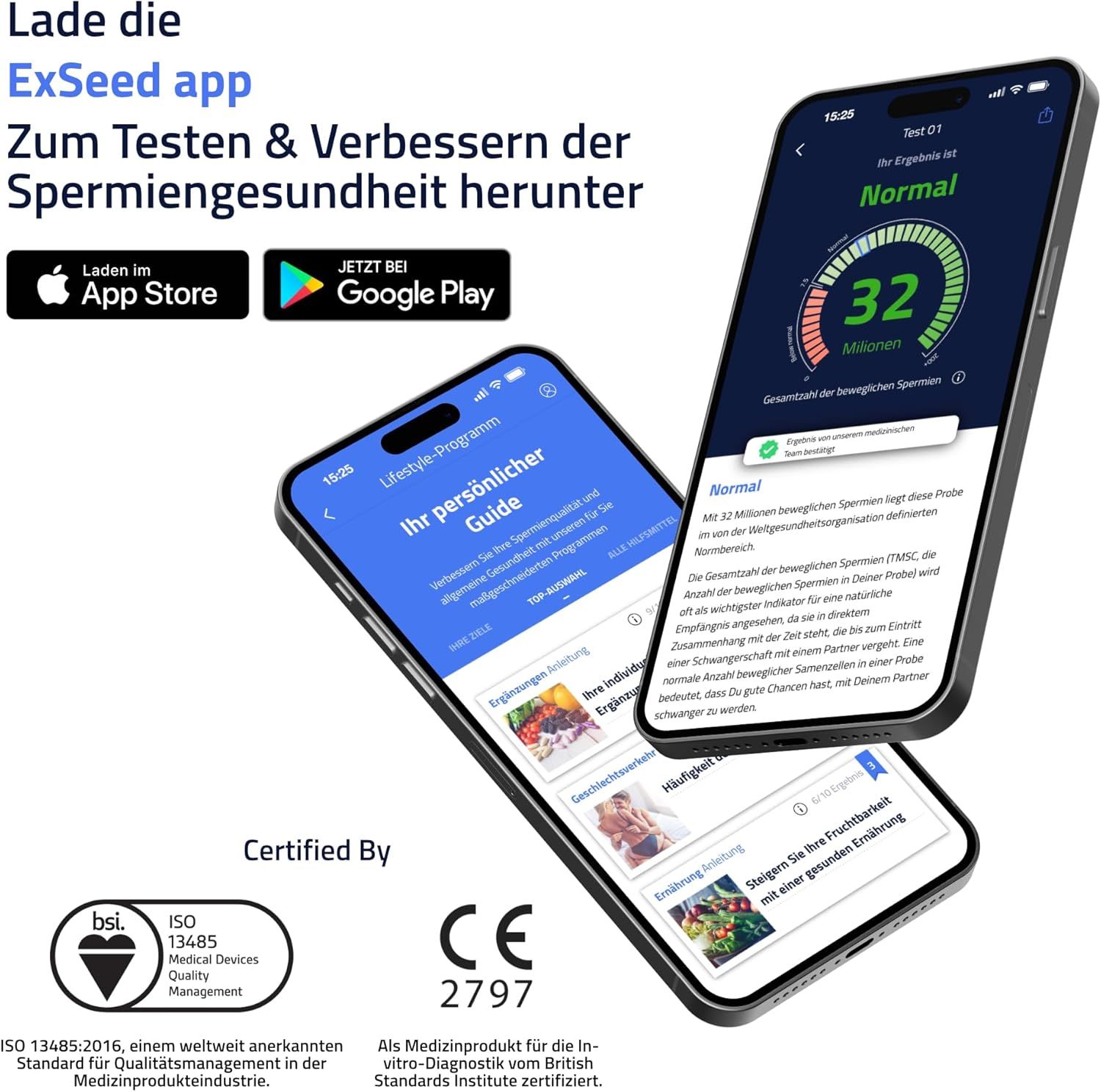Zwei Smartphones mit App-Anzeigen. Text: Lade die ExSeed App herunter. App Store und Google Play Logos.