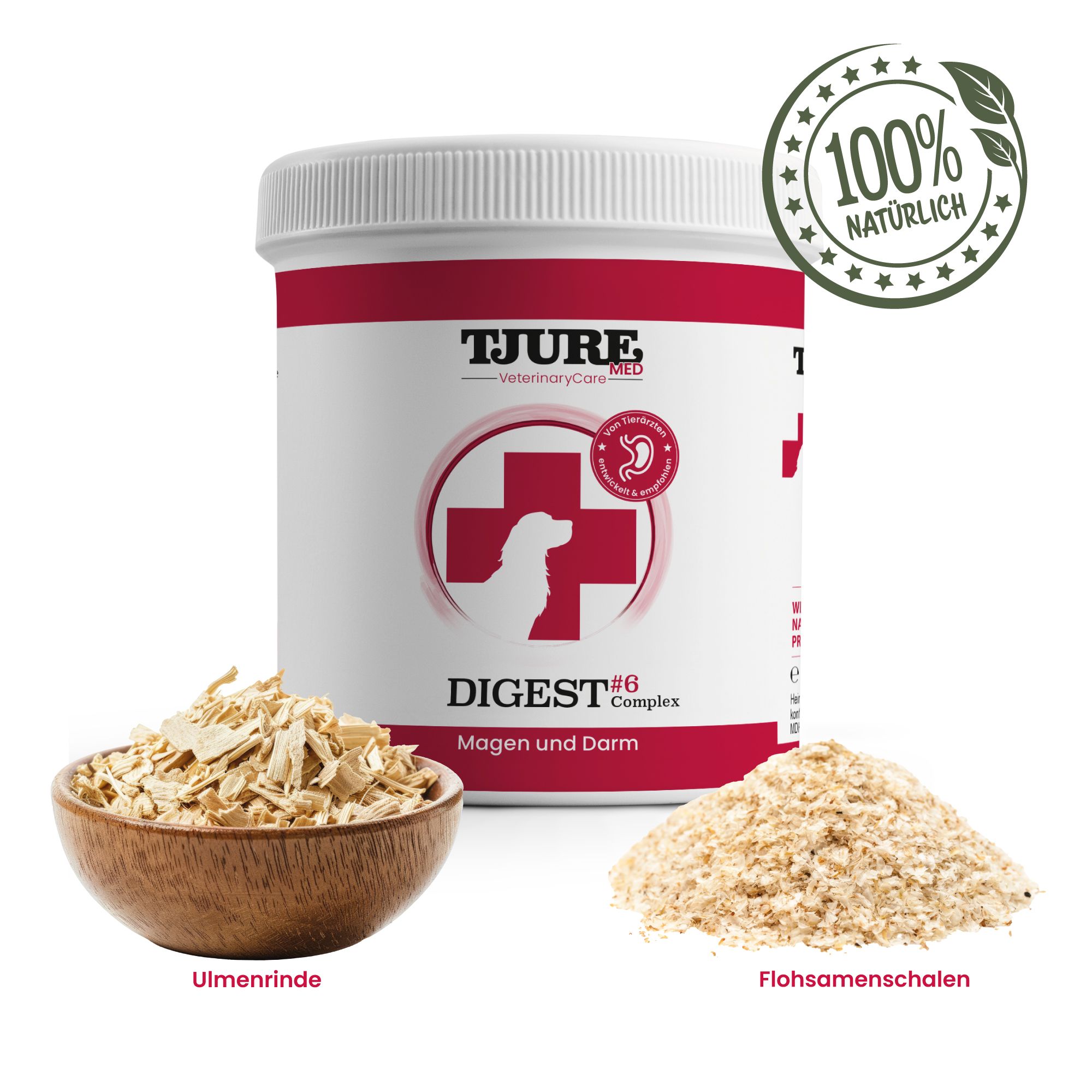 TJURE MED DIGEST #6 Produkt mit Zutaten: Ulmenrinde in Holzschale, Flohsamenschalen. 100% natürlich Siegel.