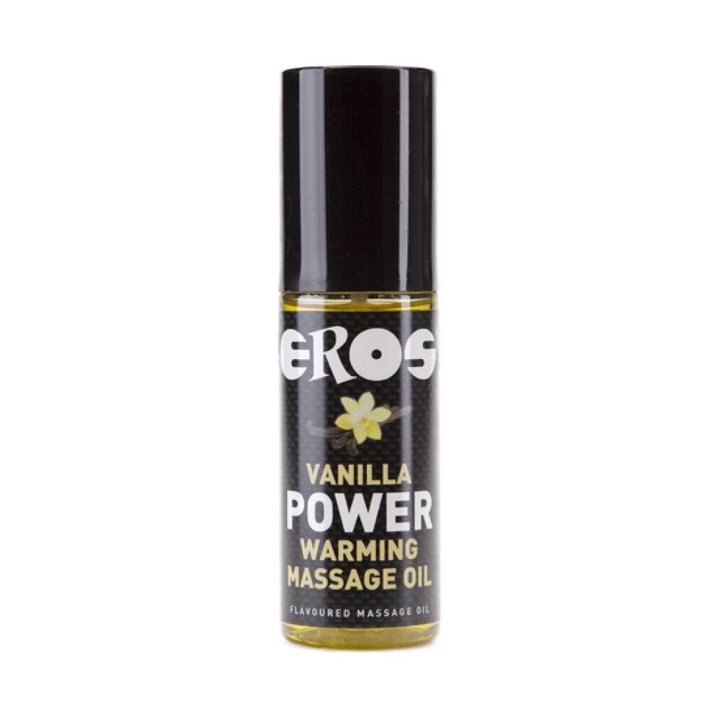 Zylindrische Flasche mit schwarzem Deckel. Aufschrift: EROS, VANILLA POWER, WARMING MASSAGE OIL. Gelbe Flüssigkeit sichtbar.