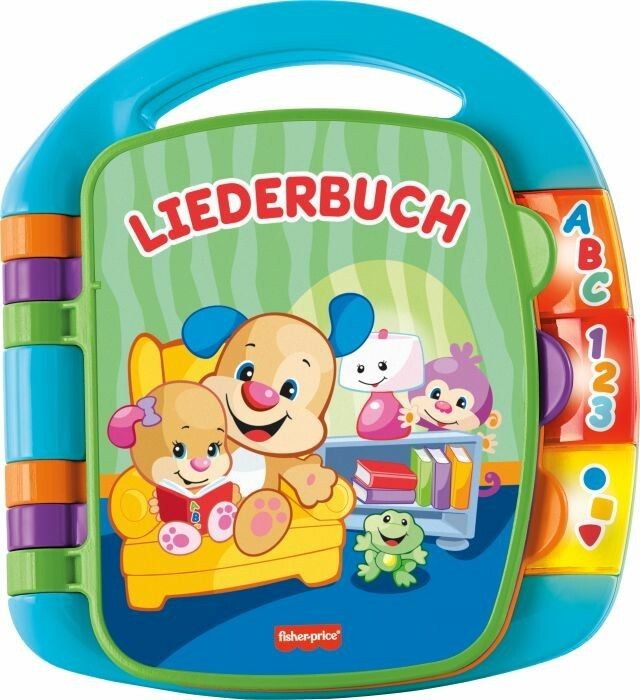 Blaues Lernspielzeug-Buch mit Griff. Auf der Vorderseite steht 'LIEDERBUCH'. Auf der rechten Seite befinden sich farbige Knöpfe mit Buchstaben und Zahlen.