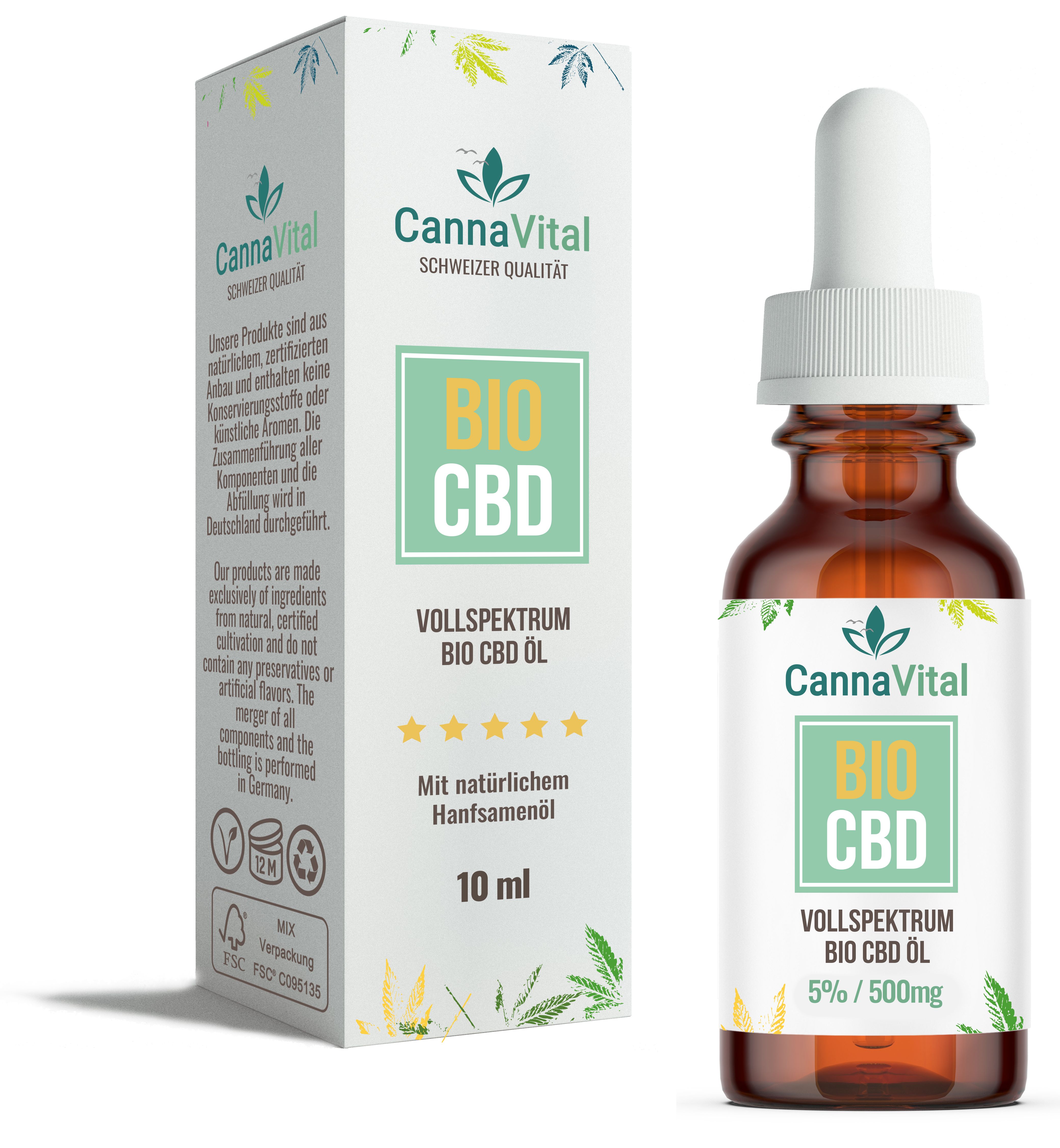 Braune Glasflasche mit Pipette und Verpackung. Aufschrift: BIO CBD, 10 ml, Vollspektrum. CannaVital Logo.