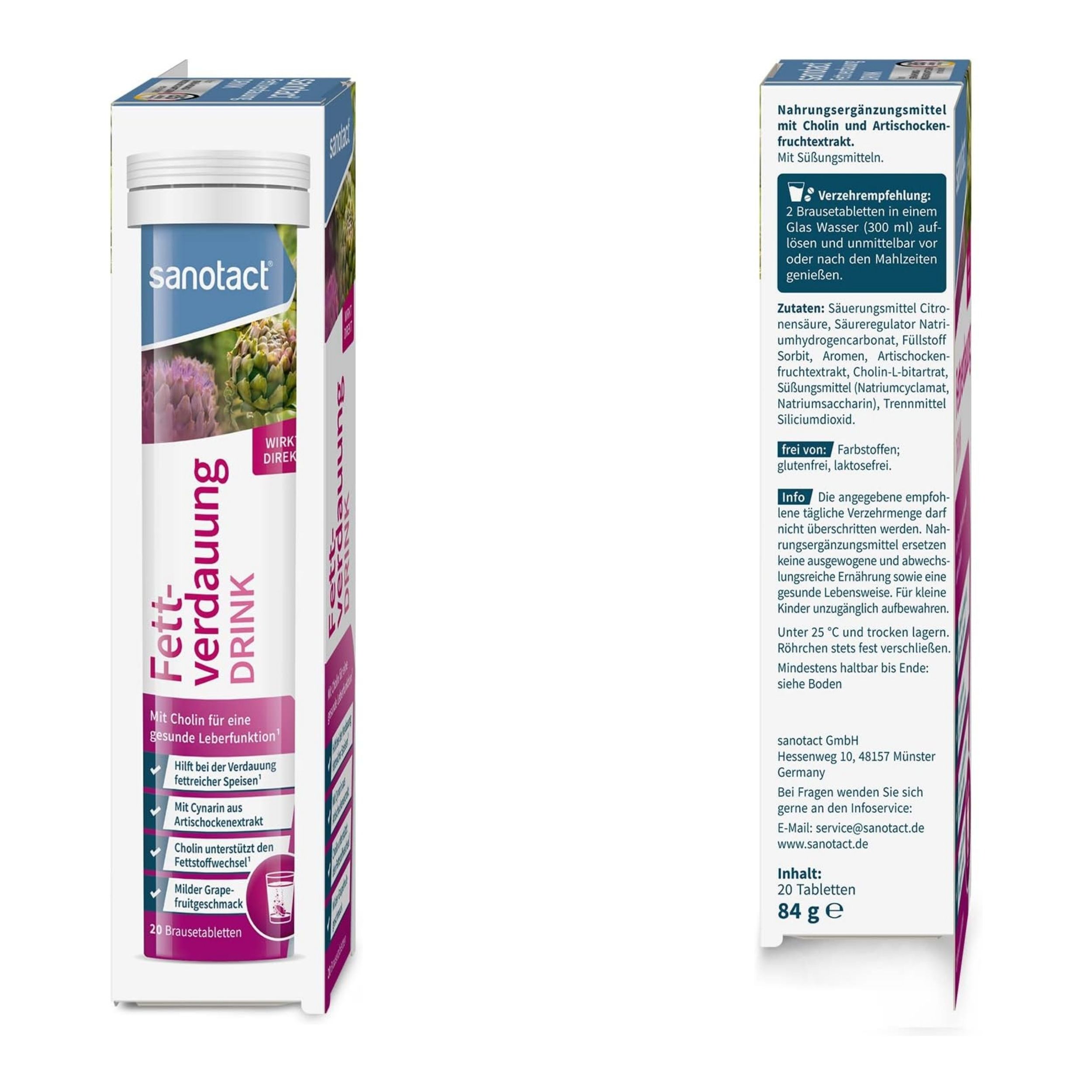 Sanotact Fettverdauung Drink, Tube mit 20 Brausetabletten. Produktabbildung und Text. Auf der Rückseite Informationen zu Inhaltsstoffen und Anwendung.
