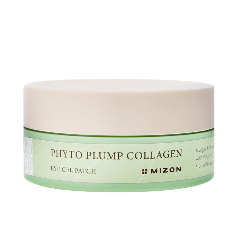 Runde Dose mit grünem Boden und cremefarbenem Deckel. Aufschrift: Phyto Plump Collagen Eye Gel Patch. Marke: Mizon.