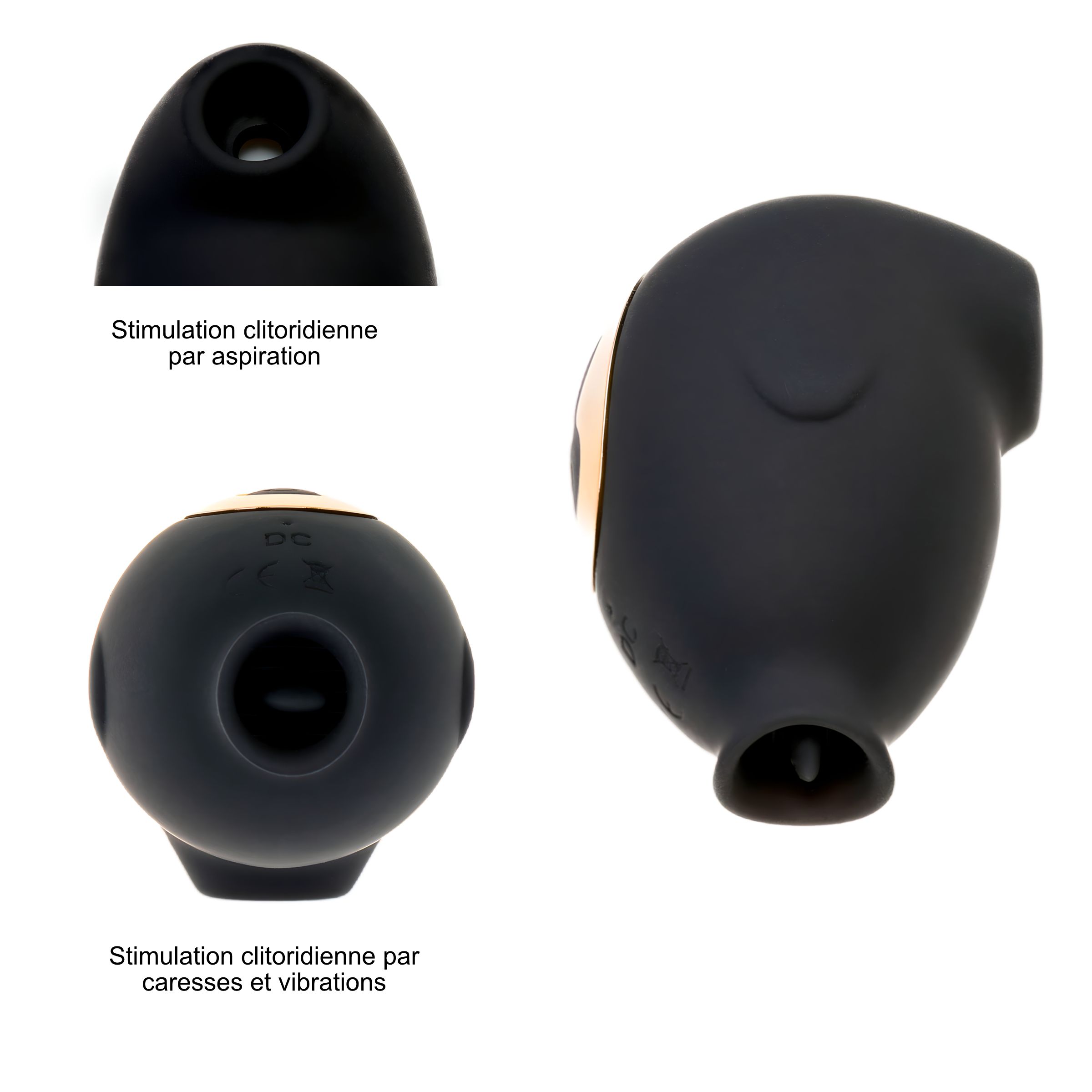 Drei Ansichten eines schwarzen, ovalen Geräts. Ansichten: oben, unten, Seite. Text: Stimulation durch Ansaugen, Streicheln und Vibrationen.