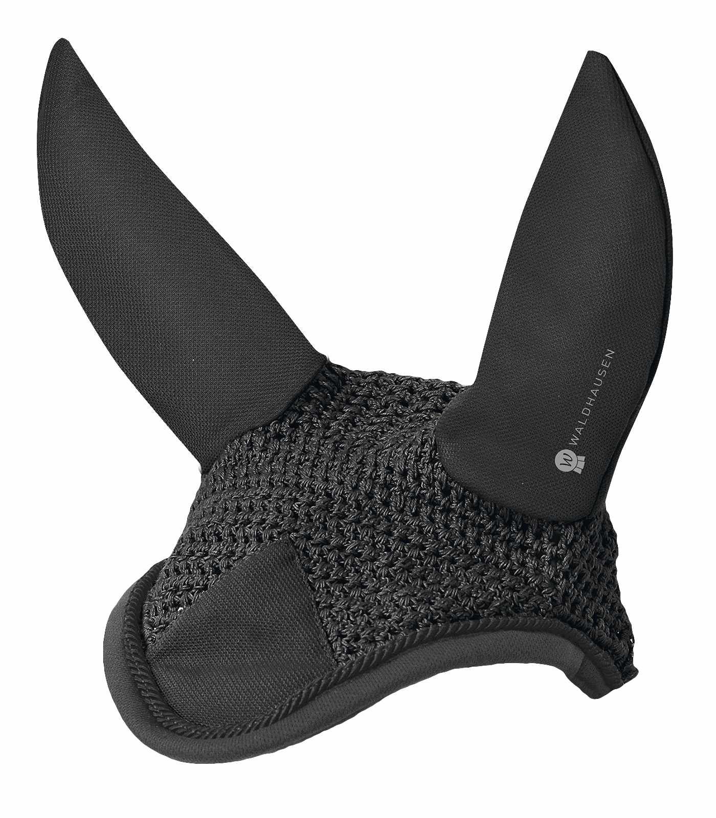 Schwarzer Fliegenohrenschutz. Gehäkeltes Stirnband, Ohren aus Stoff. Waldhausen-Logo.