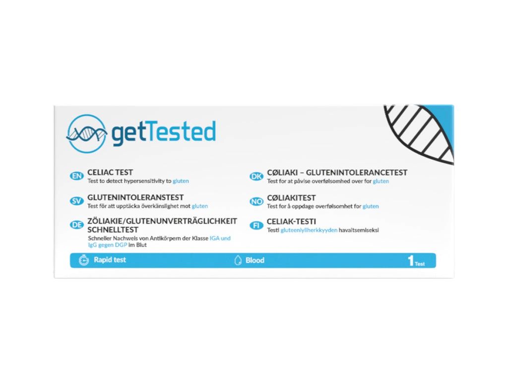 Verpackung von GetTested Glutentest für Zöliakie. Enthält Test für Zöliakie. Aufschrift: Celiac Test, Glutenintoleranztest, Schnelltest, Rapid Test, Blut.